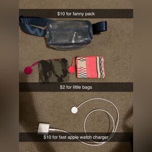 Ipsy bags, Apple Watch Charger (Fast), and fanny pack